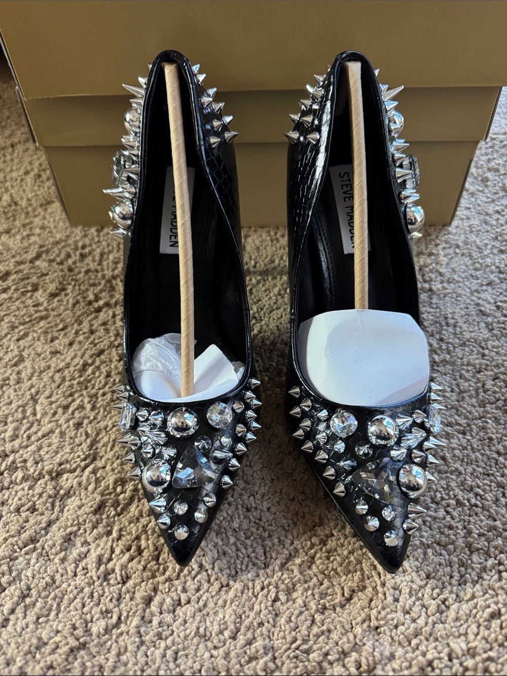 Steve Madden “Veronicka” Black Pointed-Toe Spike & Crystal stilettos